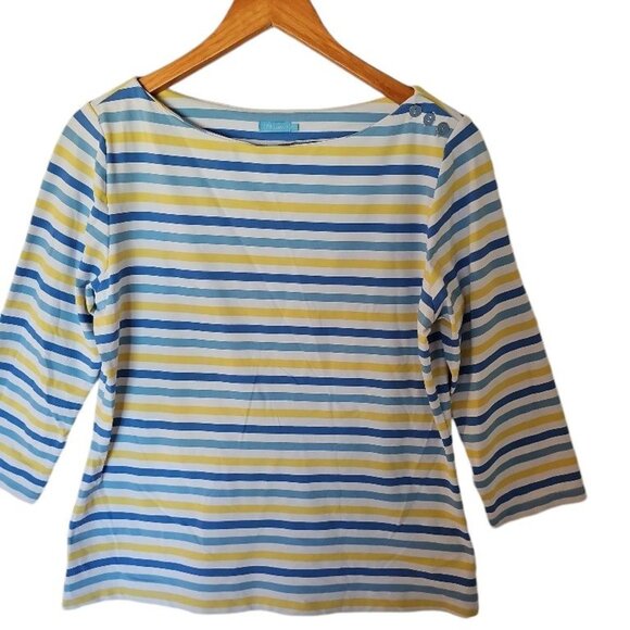 J.McLaughlin Wavesong Blouse Top Womens L Large Blue Stripe Catalina Cloth Butto - Picture 7 of 10